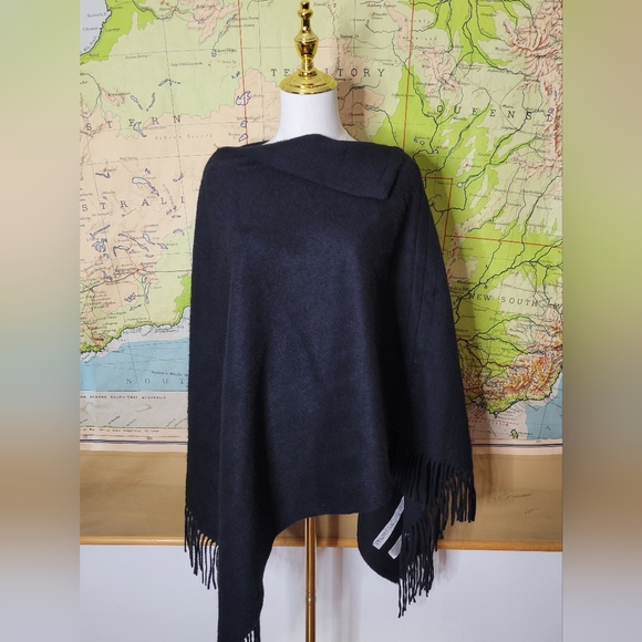O My Cashmere Sweaters - Cashmere Black Elegant  Asymmetrical Fringe Poncho. Wrap Sweater Throw Chic
